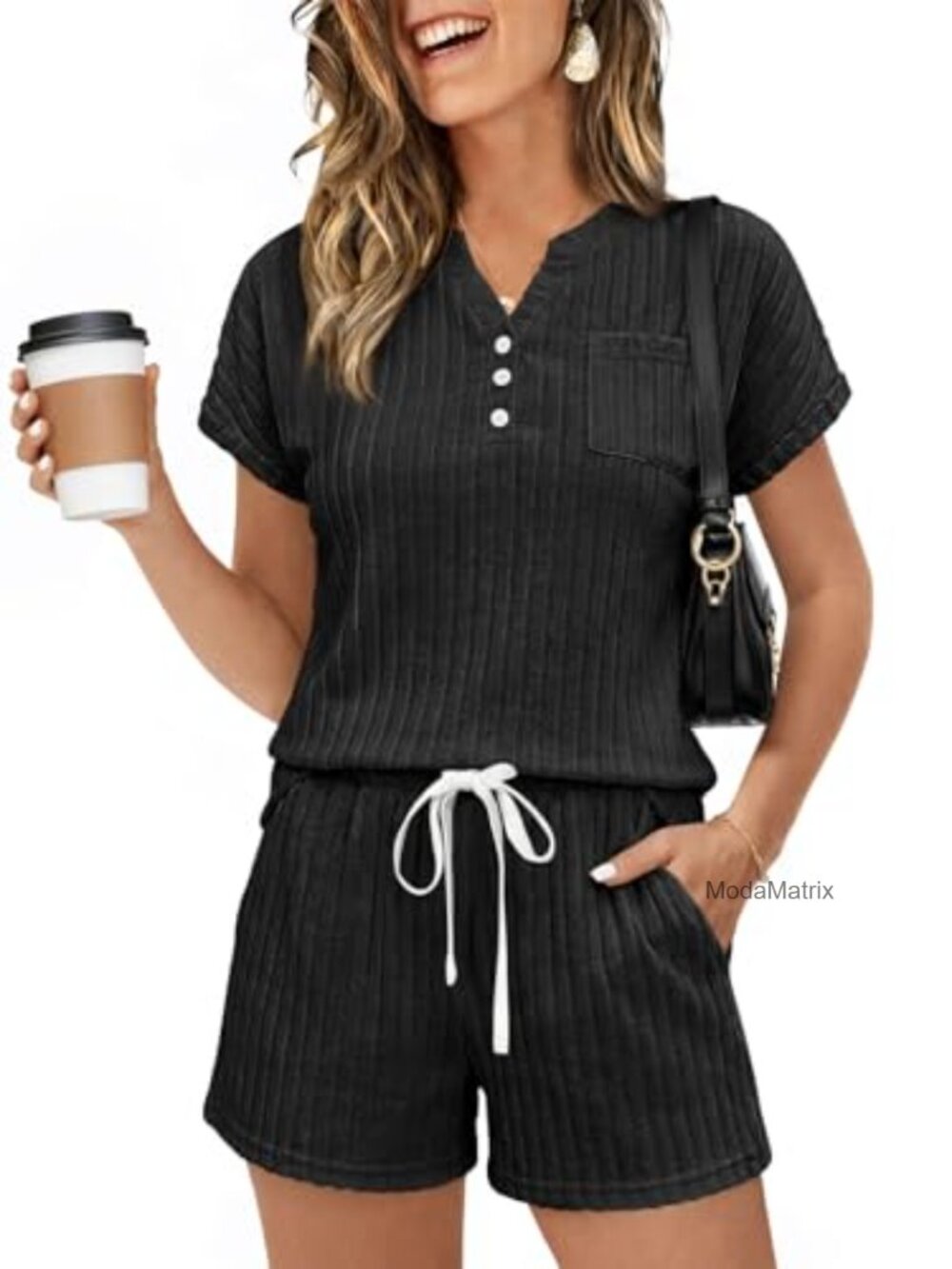 2 Piece Short Sets for Women Summer Outfits with Pocket Henley Top